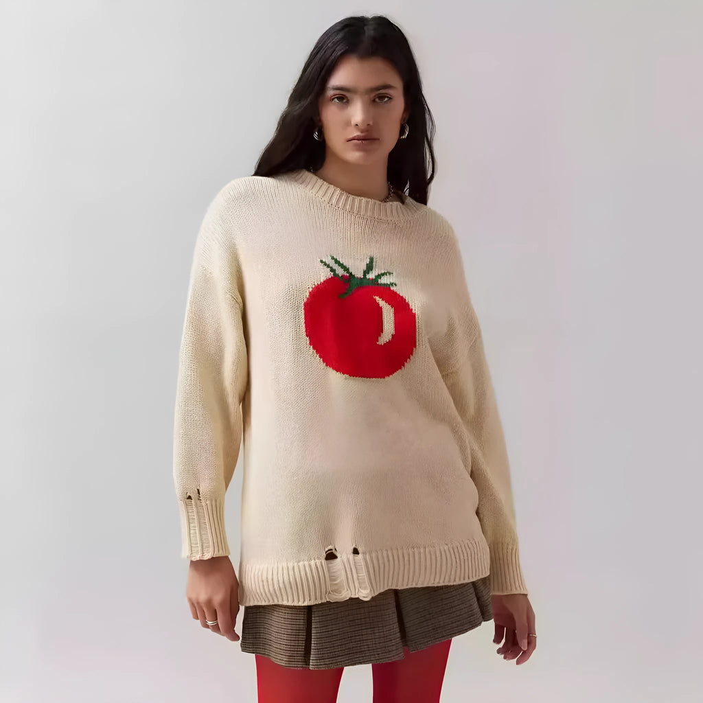 Women's loose-fitting acrylic sweater with round neck, long sleeves, and Jacquard craft in beige.