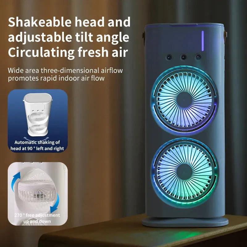 White portable double-ended spray fan air cooler with humidifying mist function and remote control