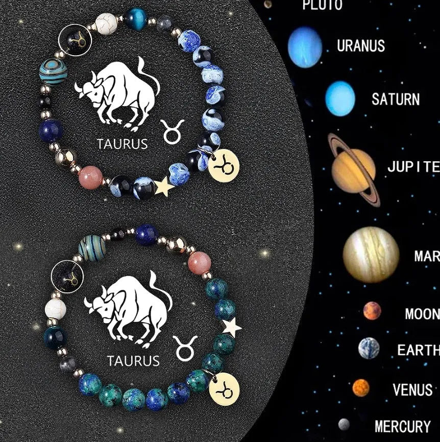 Two natural stone beaded bracelets with sterling silver zodiac charms on a wooden surface.