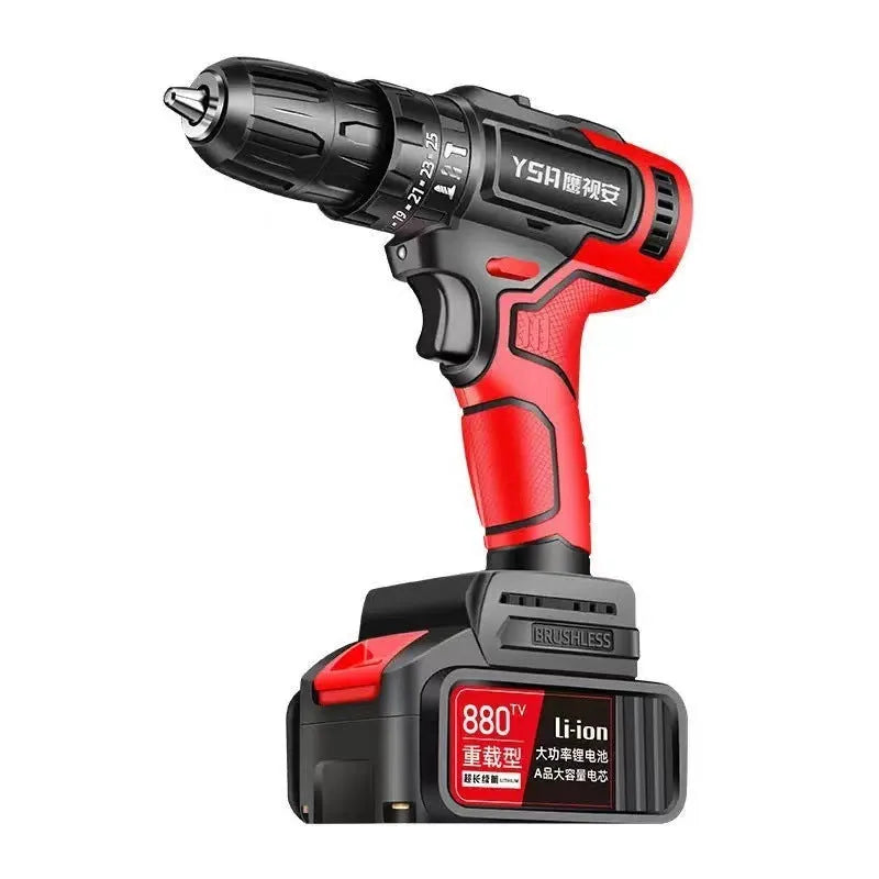 Brushless electric drill rechargeable 21V 400W with 10mm chuck and two batteries on a workbench