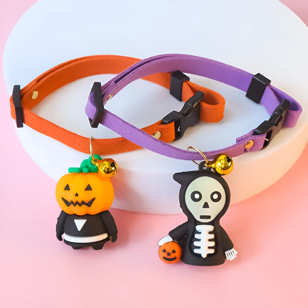 Halloween dog collar decoration in cartoon pumpkin or luminous designs on an adjustable polyester collar.