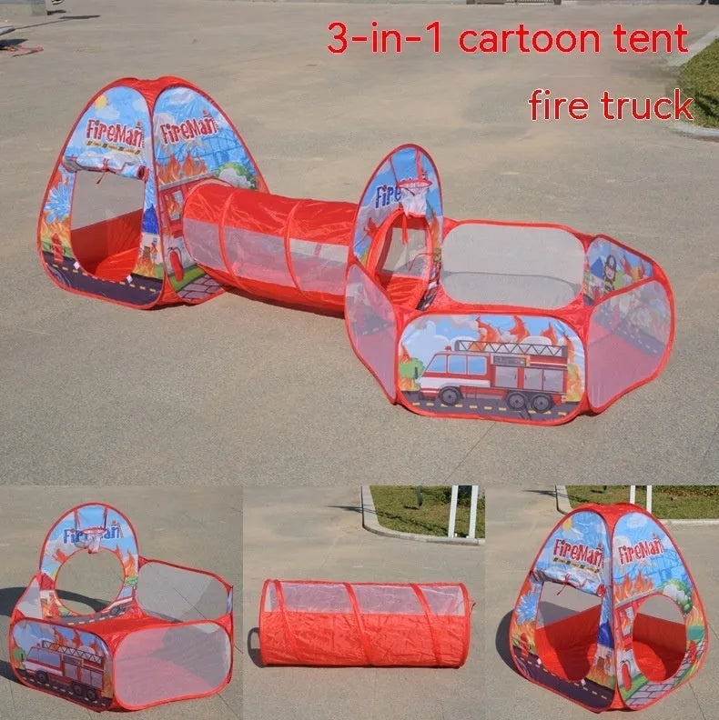 Three-in-one children's play tent set with inflatable ball pool and connecting tunnel in cartoon marine design