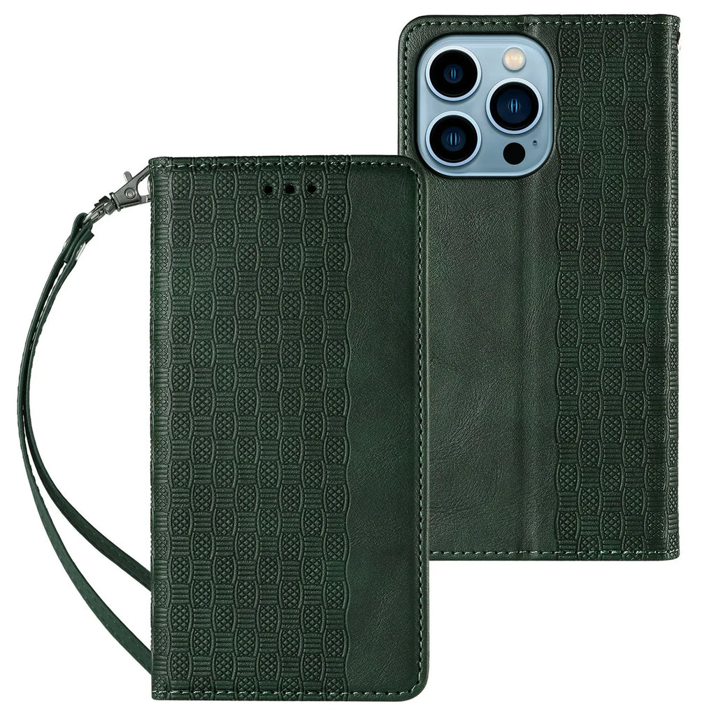 Embossed leather-style flip phone case for iPhone shown in black, brown, blue, and red colours.
