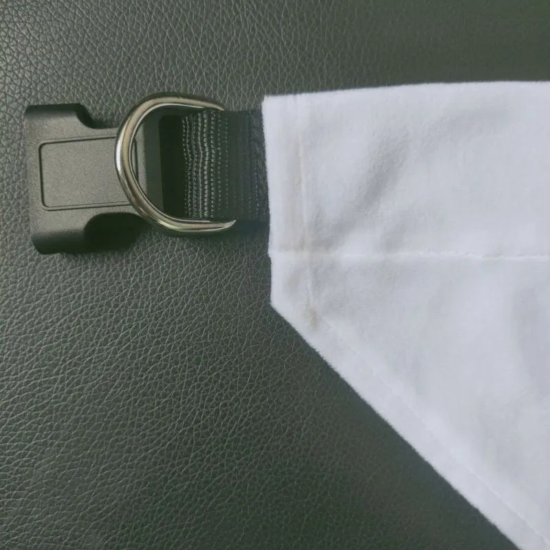 Blank white polyester dog scarf bandana for custom thermal transfer printing, shown in four sizes.