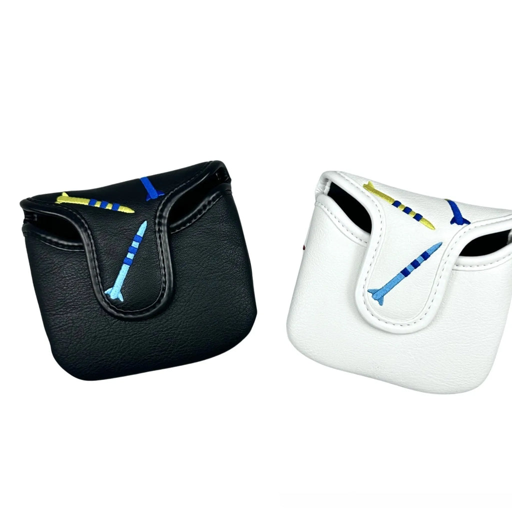 Square black golf putter protective sleeve with a raised white rocket pattern design.
