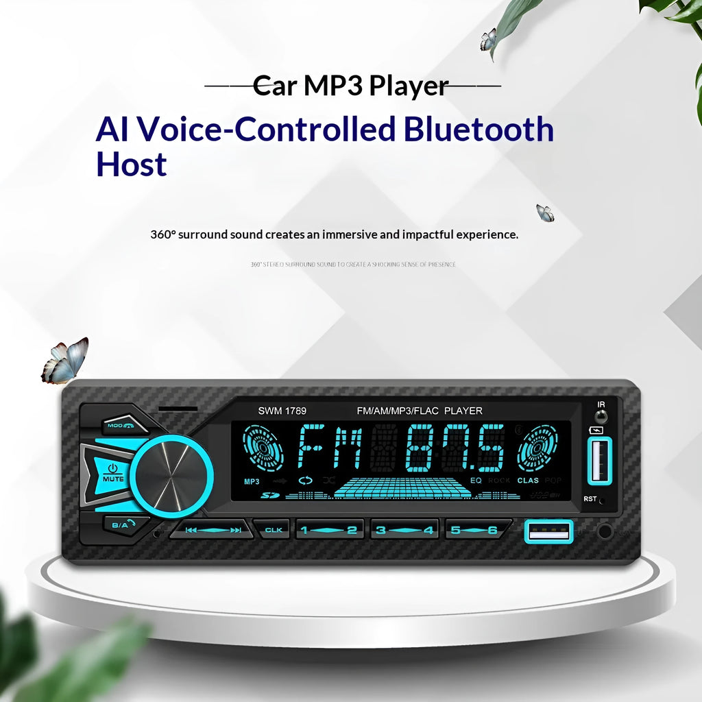 Car MP3 radio with USB and Bluetooth, metal plastic construction, 12V DC, includes remote control