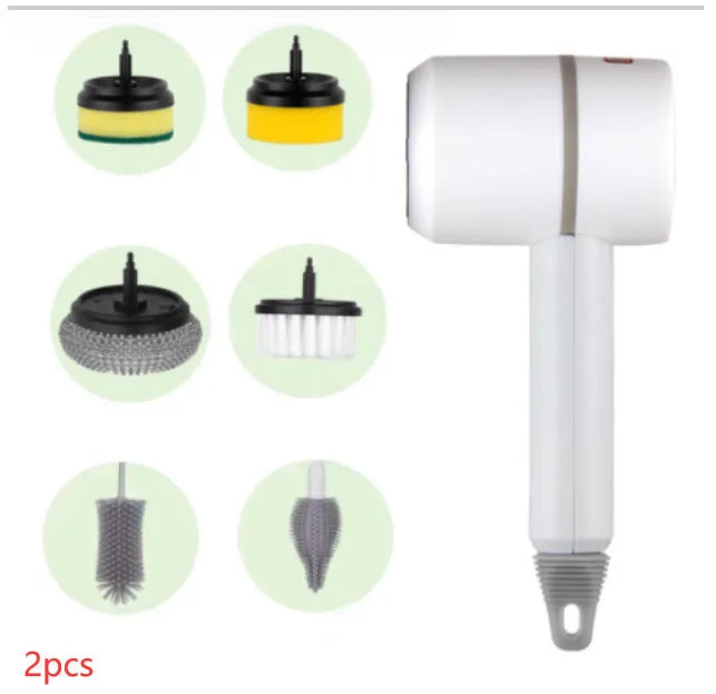 Green electric cleaning brush with three interchangeable scouring pad, brush, and sponge heads on a white background.