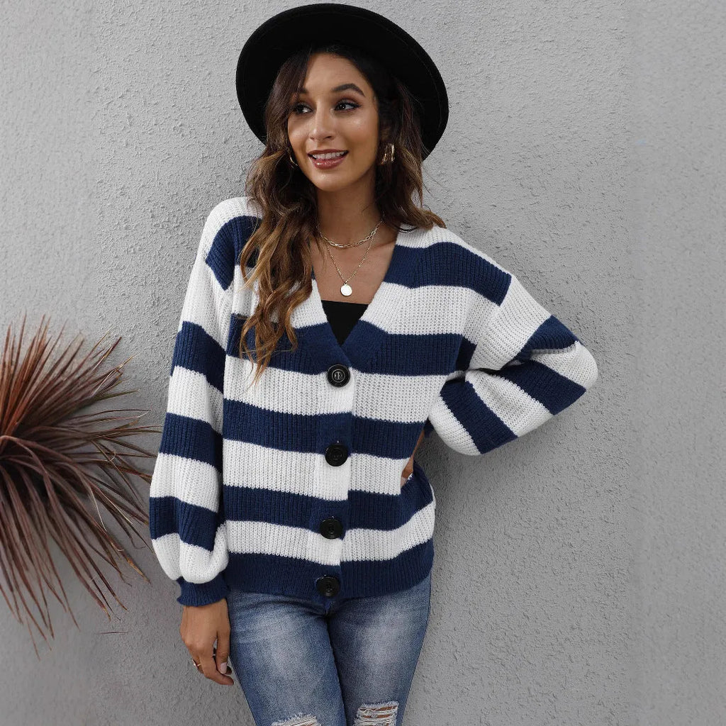 Women's striped cardigan in deer plush fabric shown in dark green, featuring button-front stitching.