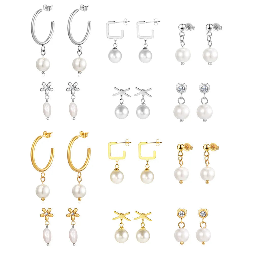 Women's C-shaped titanium steel earrings with pearl inlay flower design in gold