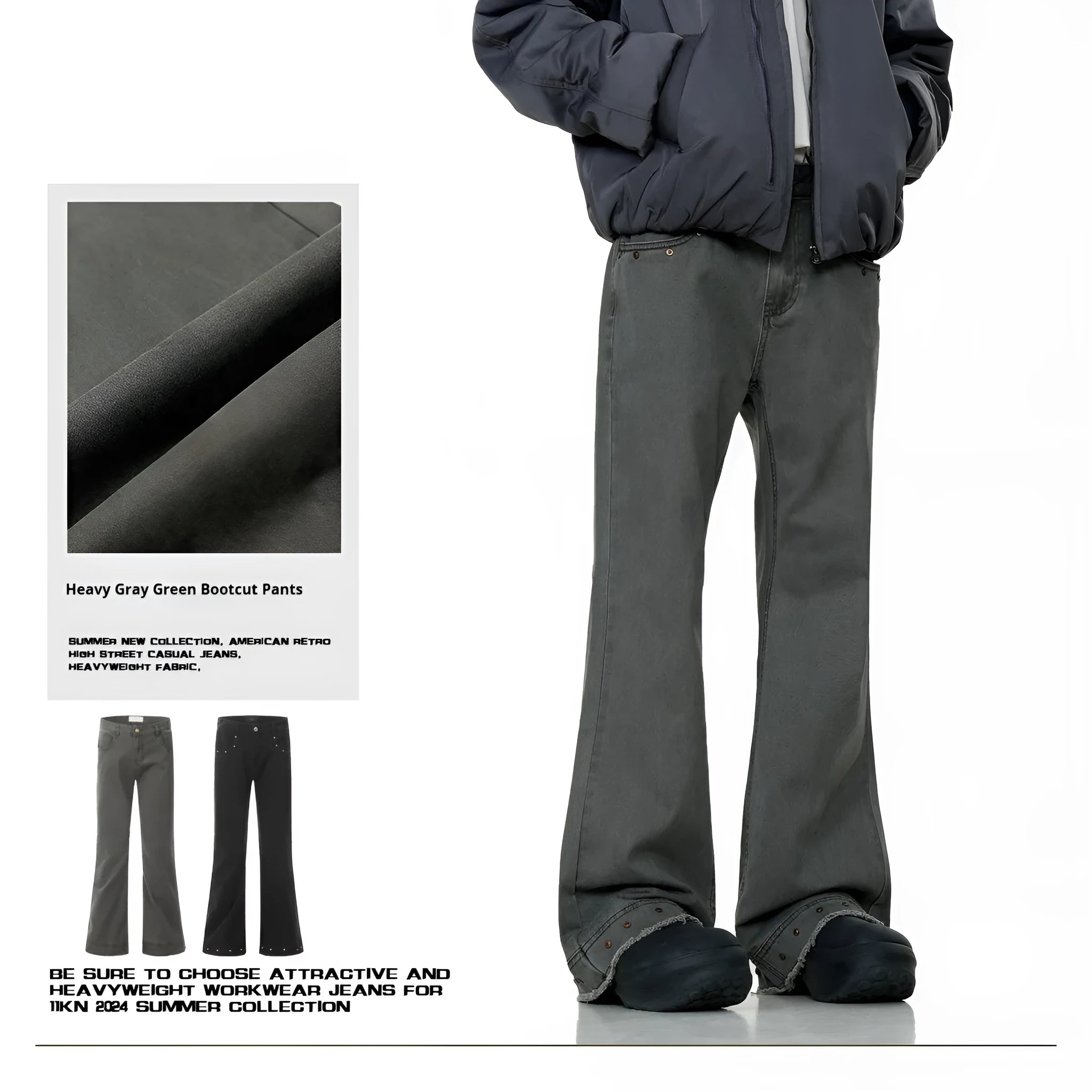Black and grey green cotton retro skinny jeans with a straight leg and horn opening on a mid waist.