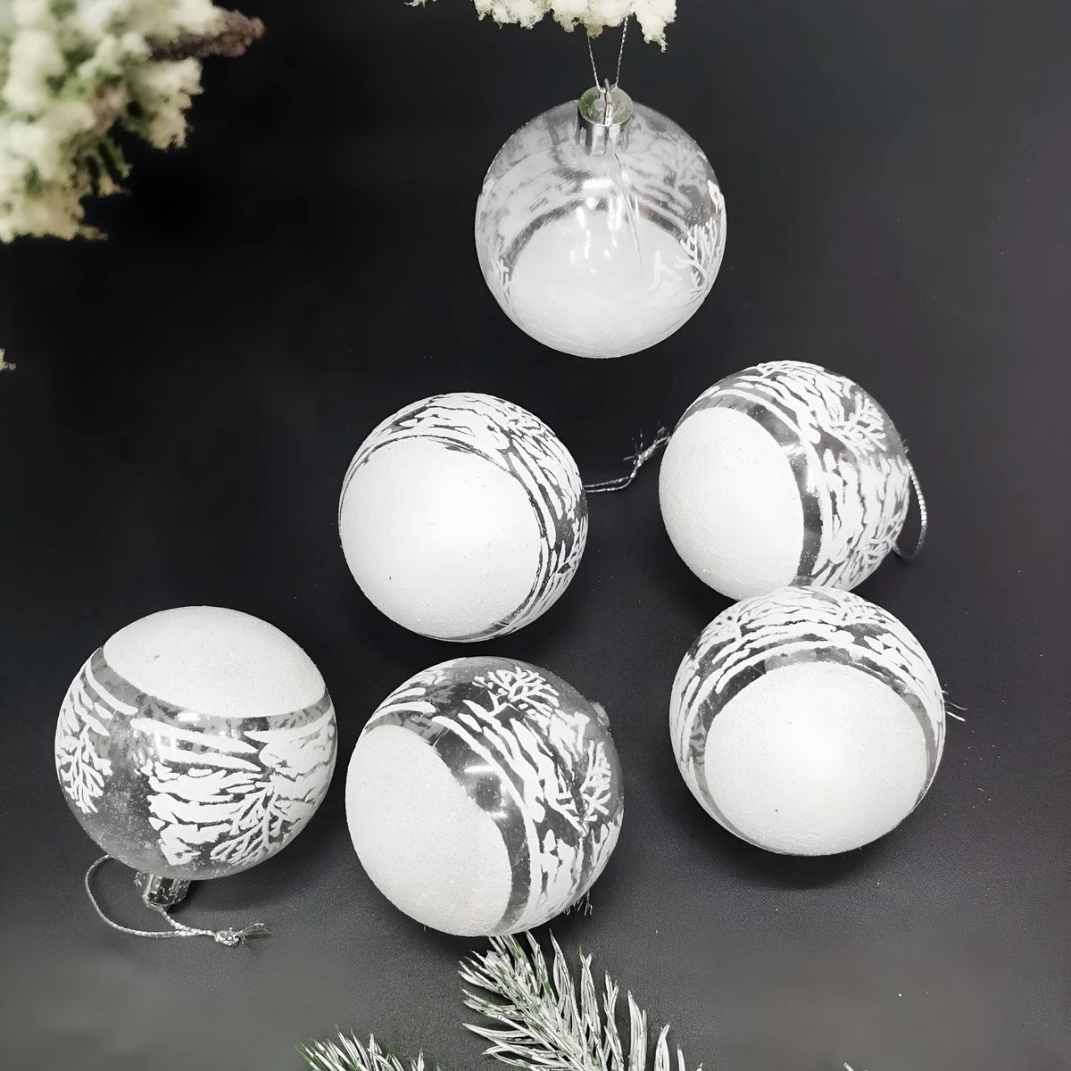 6cm transparent acrylic Christmas balls, set of 6, hand-painted in Style A or Style B