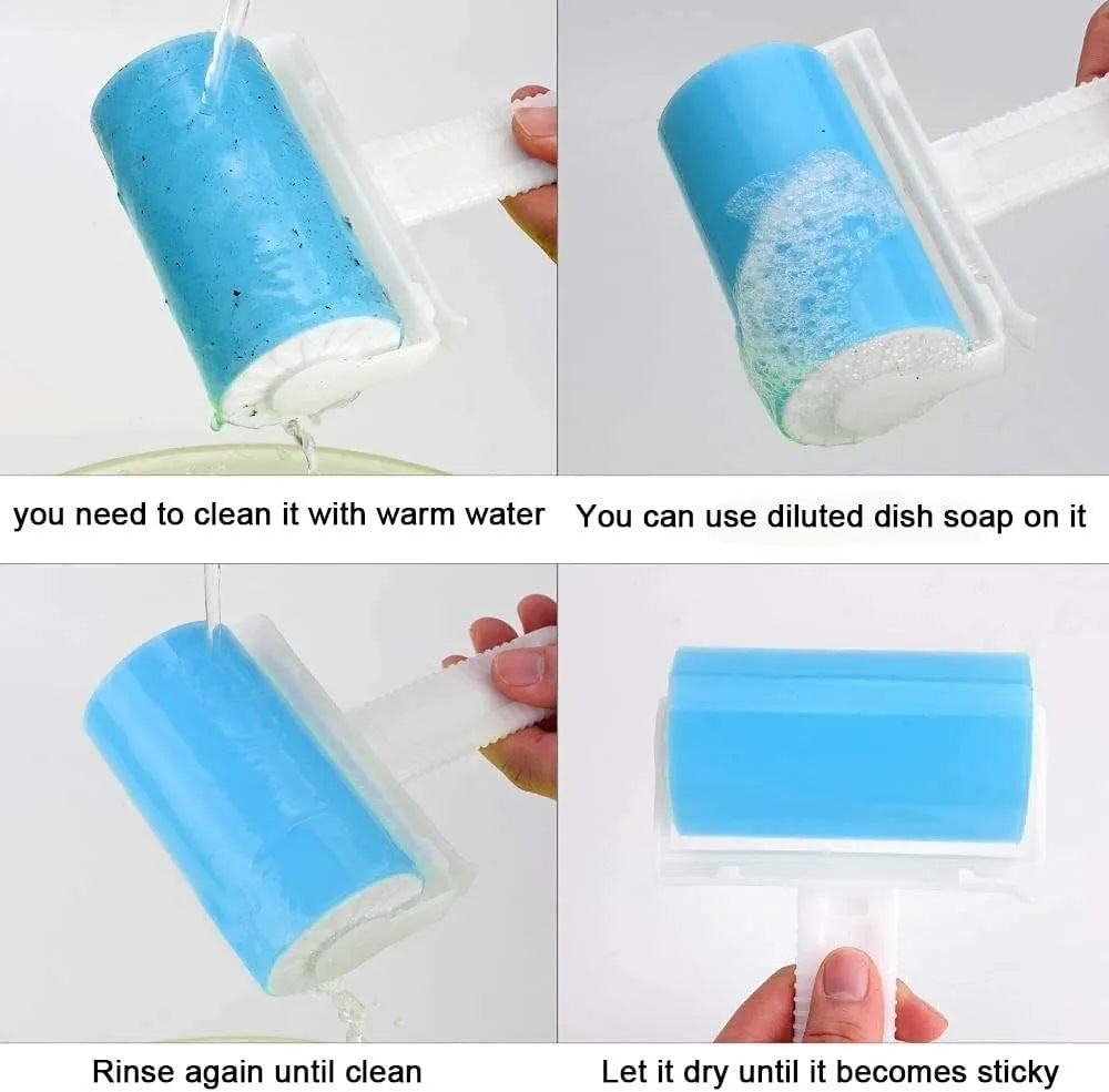 Washable reusable lint roller with protective cover for pet hair removal in blue, green, pink or yellow
