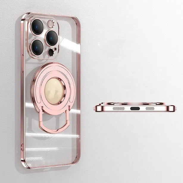 Transparent magnetic iPhone case with invisible pull-out stand in dark purple colour
