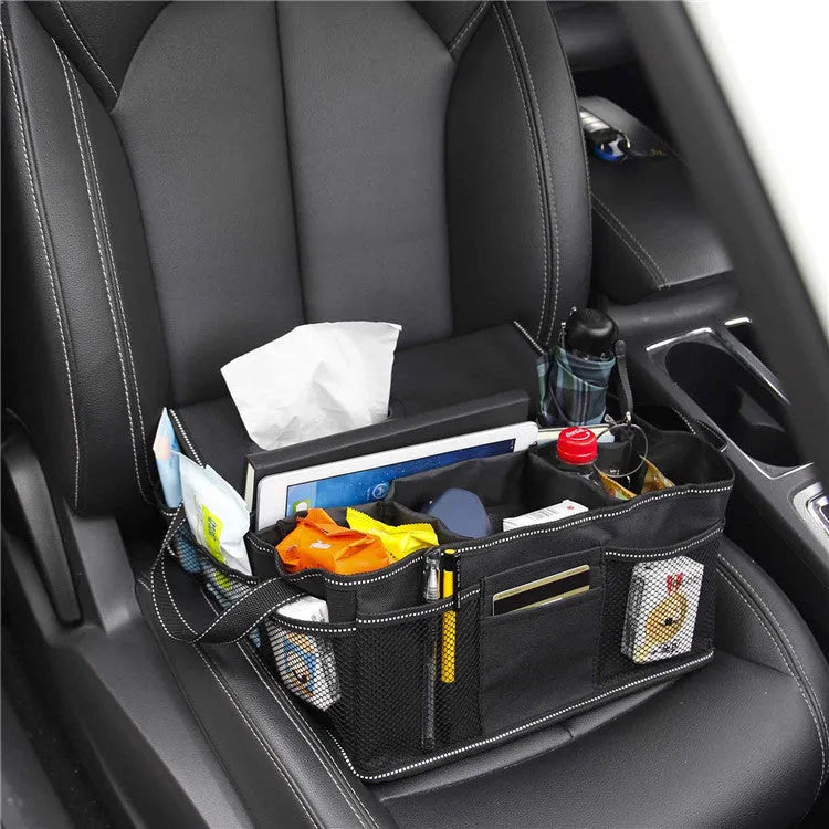 Black collapsible Oxford cloth car boot storage box showing dimensions