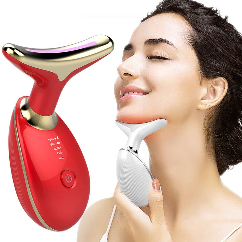 Black silver EMS thermal neck massager with LED lights for facial firming and wrinkle reduction