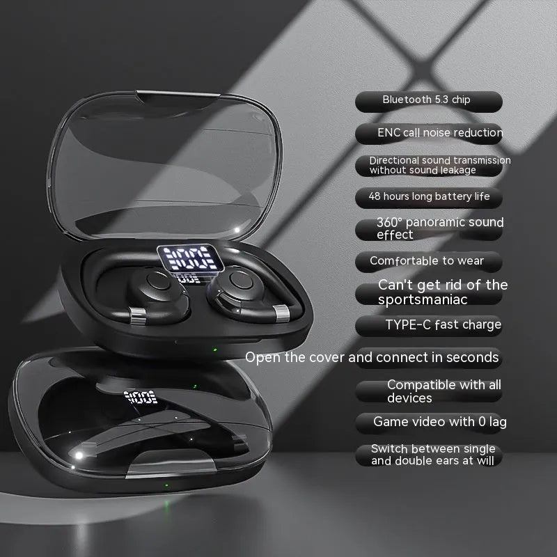 Non-entry ear-mounted wireless Bluetooth headset with digital display in black colour