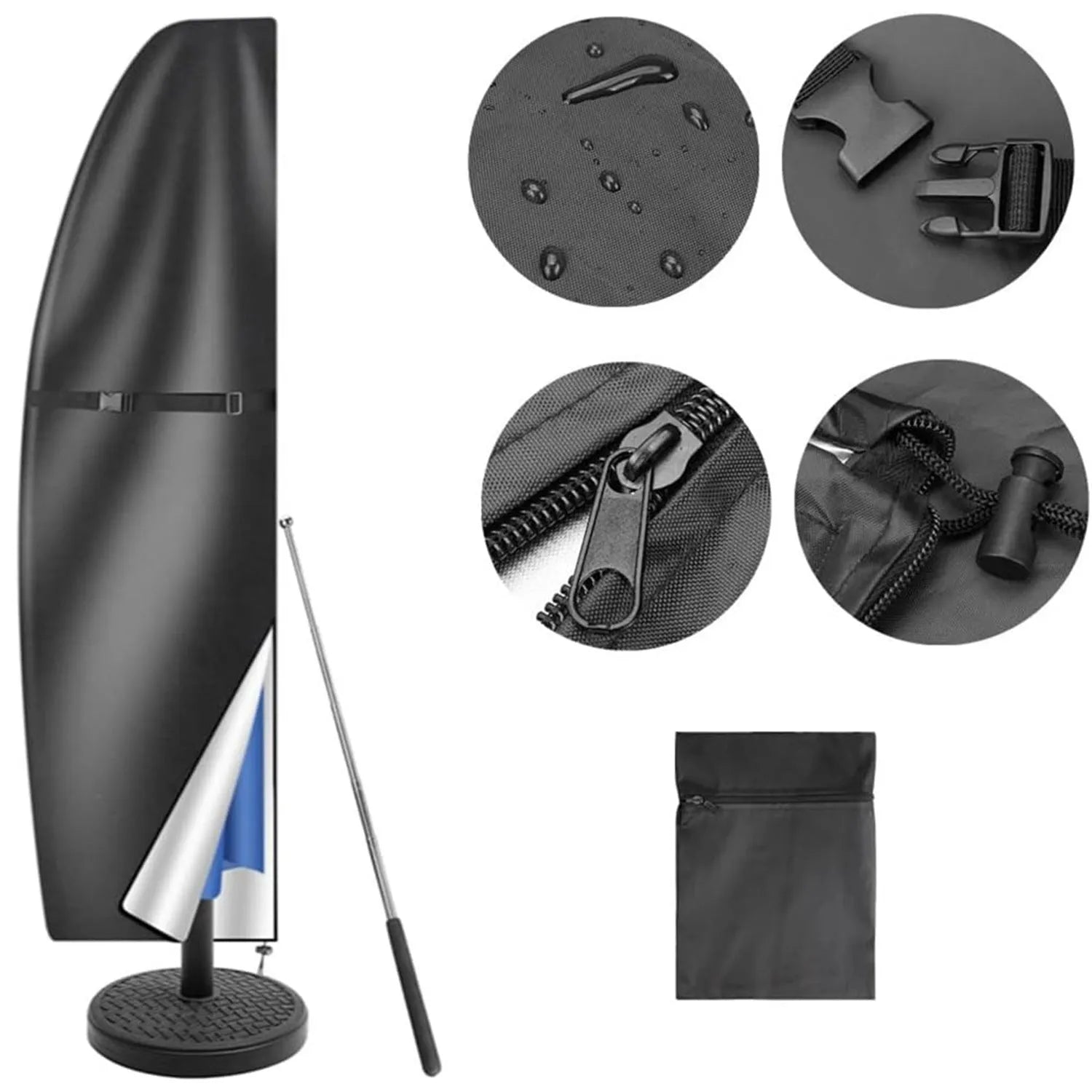 Grey waterproof Oxford cloth cover for a banana-shaped outdoor patio umbrella.