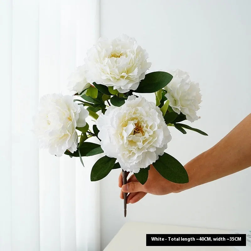 Artificial peony 5-head bouquet in light champagne, 40cm tall silk flower arrangement