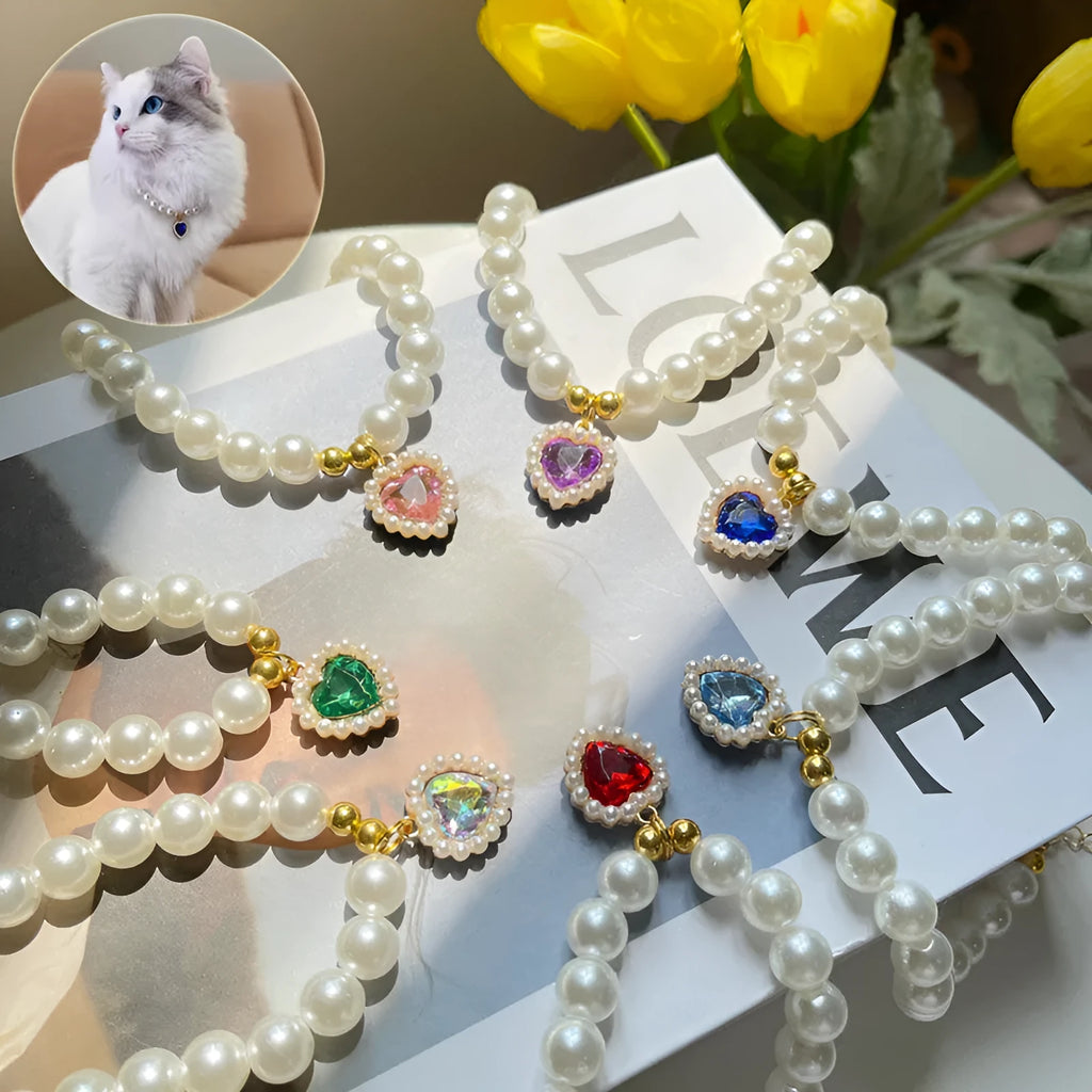 Retro love crystal pendant pet necklace with imitation pearl beads on a cat, available in multiple colours and sizes S, M, L