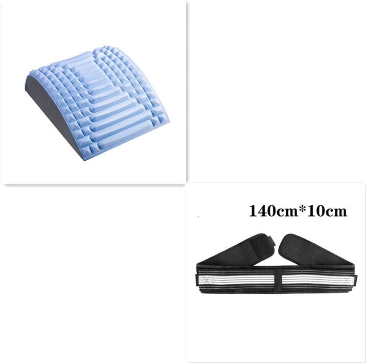 Blue back stretcher pillow for lumbar and neck support on a grey background.