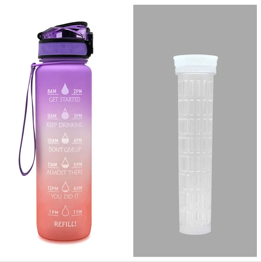 Blue and red gradient 1-litre Tritan sports water bottle with time markers, flip-top lid, and wrist strap.