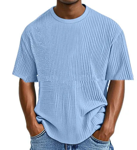Waffle knit short sleeve t-shirt in cotton blend fabric showing textured fabric detail