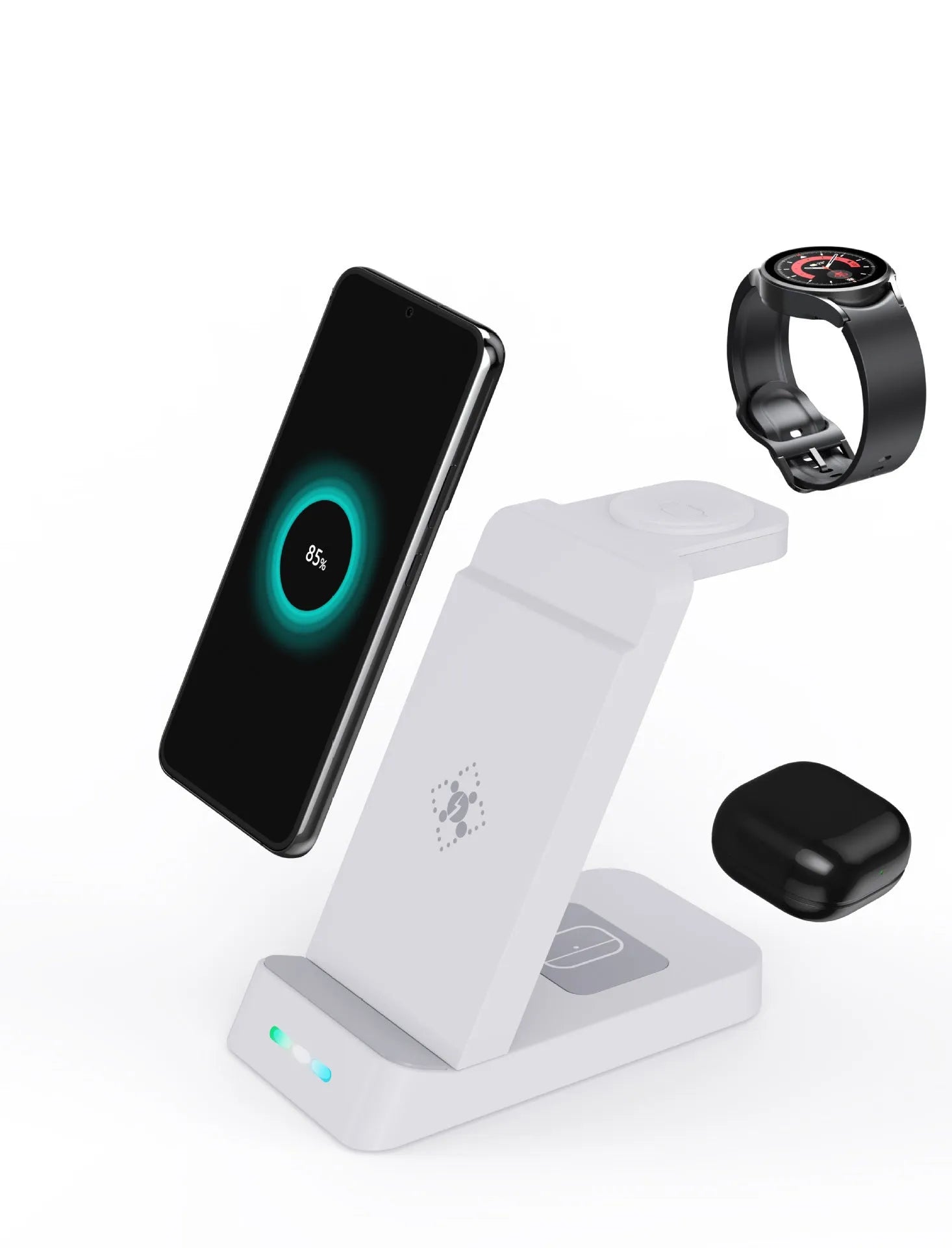Black and white 3-in-1 wireless charging station for phone, AirPods and Apple Watch on a desk.