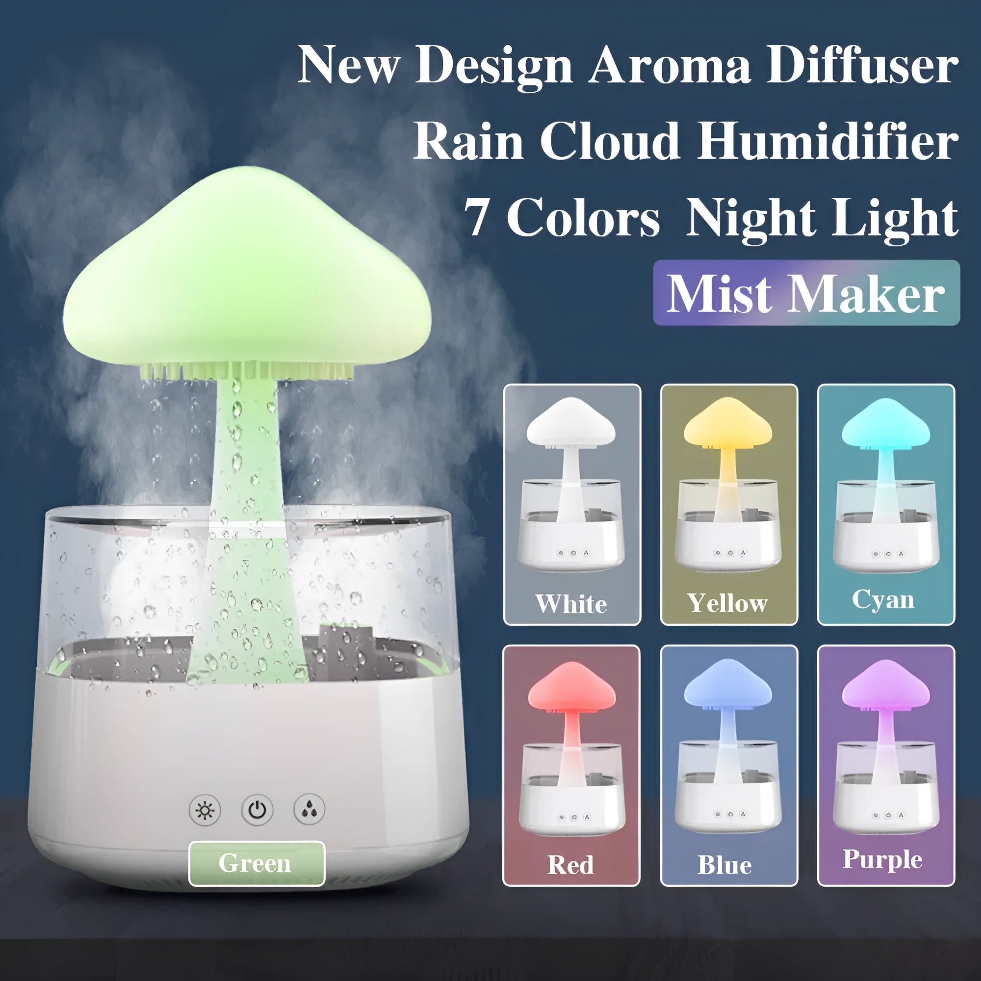 2-in-1 desk humidifier with raining cloud night light and essential oil diffuser in wood grain or white colour