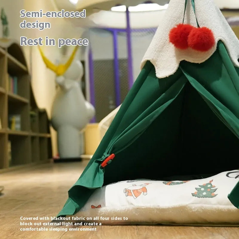 Semi-closed thickened cloth cat house for winter, shown in brown mat and white mat colours.