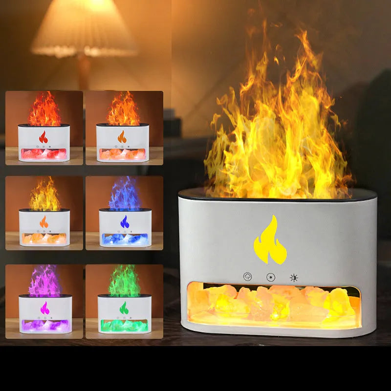 Square desktop flame humidifier with crystal salt stone and colourful atmosphere lighting
