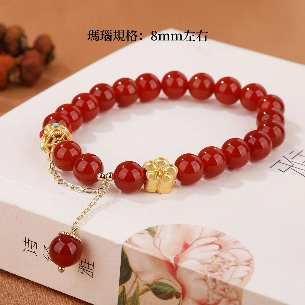 Natural agate bracelet with peach blossom stones and copper components, approximately 8mm bead size