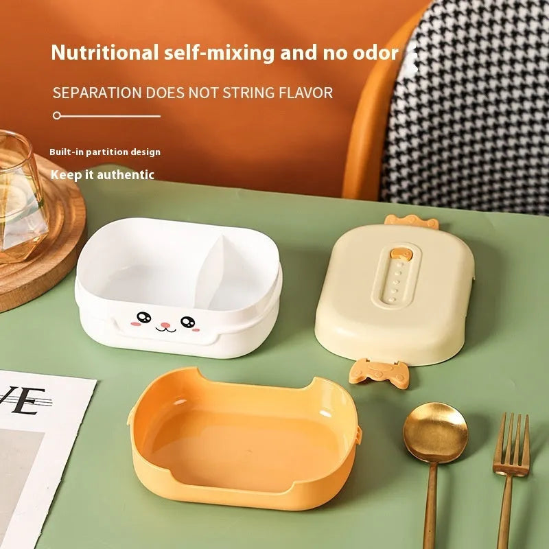 Square divided plastic lunch box in solid colour options of dark blue, pink and green, or orange yellow.