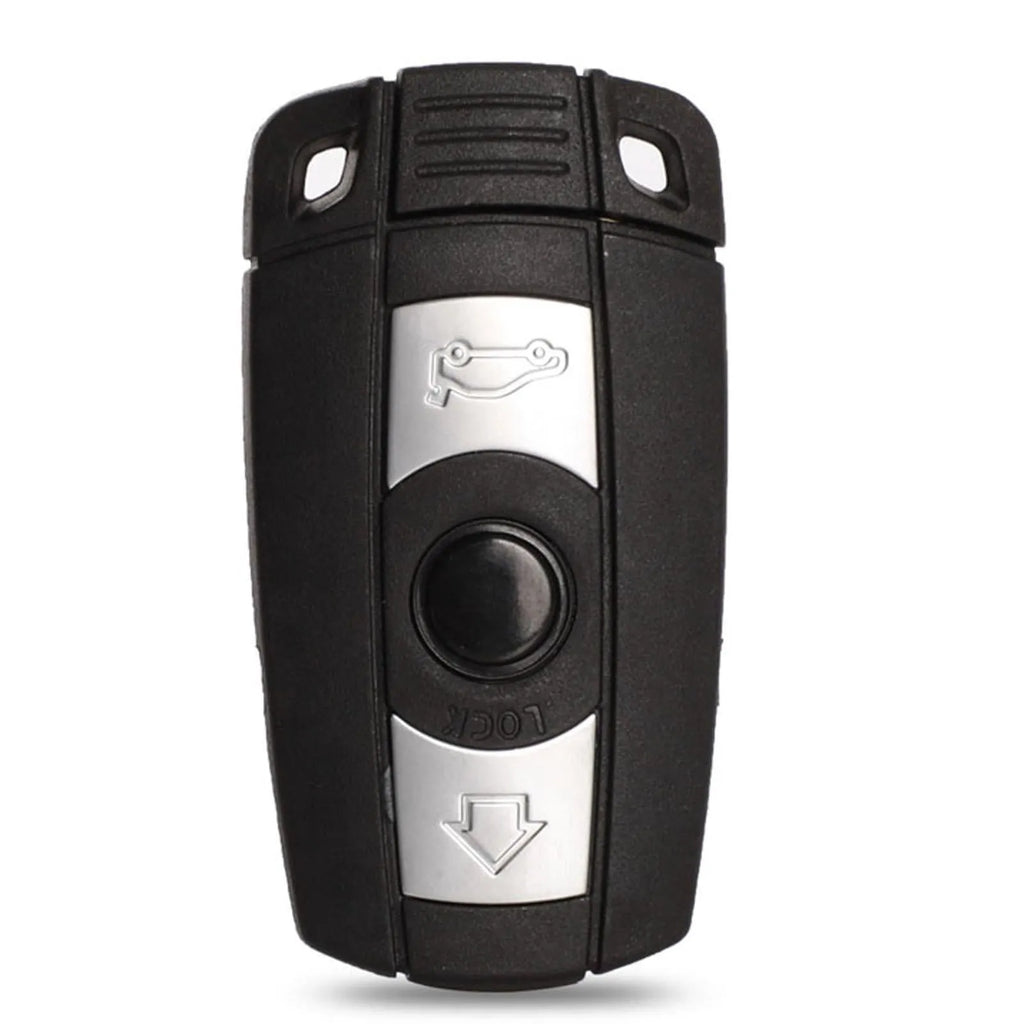 BMW HU92 semi-intelligent three-button car key remote fob with metal and plastic construction.