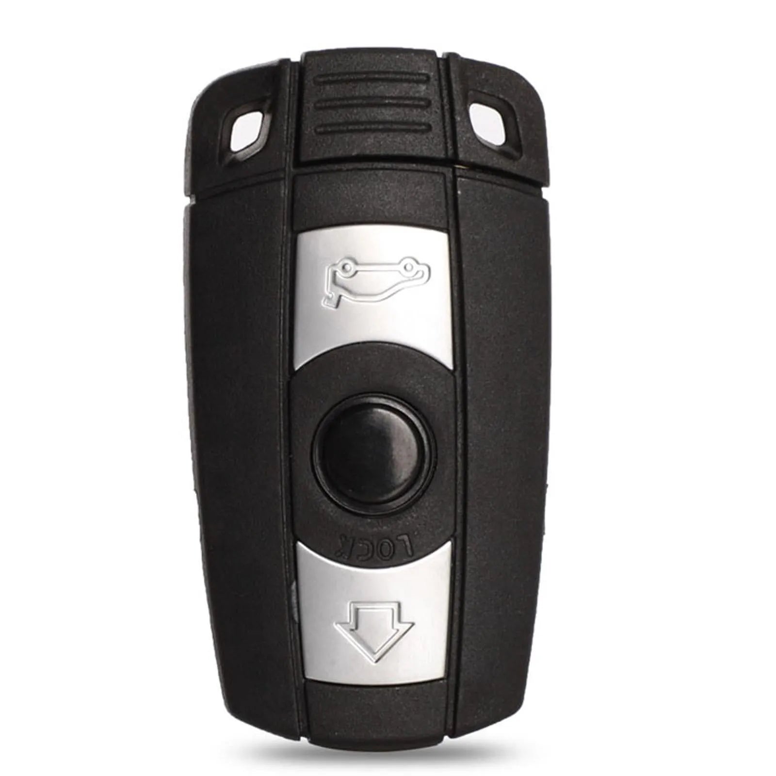BMW HU92 semi-intelligent three-button car key remote fob with metal and plastic construction.