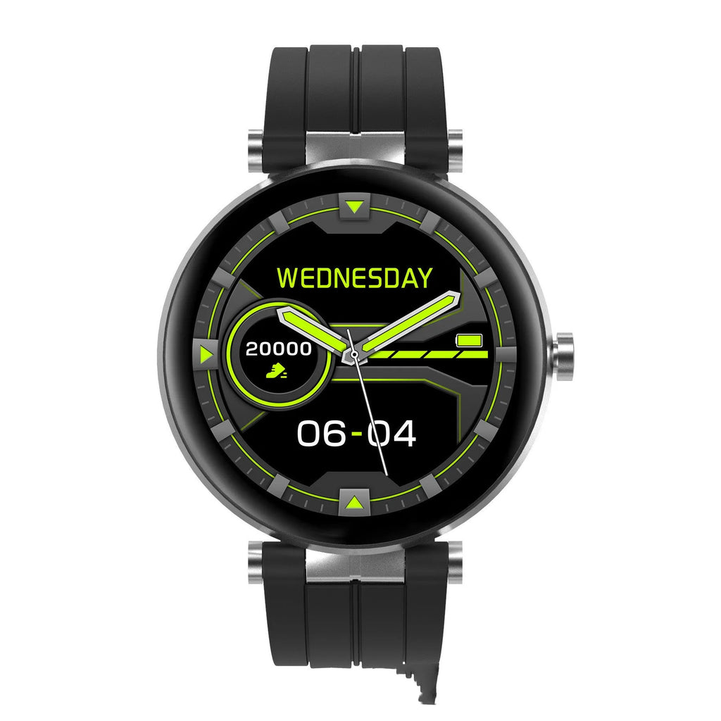 Smart watch with blood pressure monitor on wrist showing heart rate display and black silicone strap