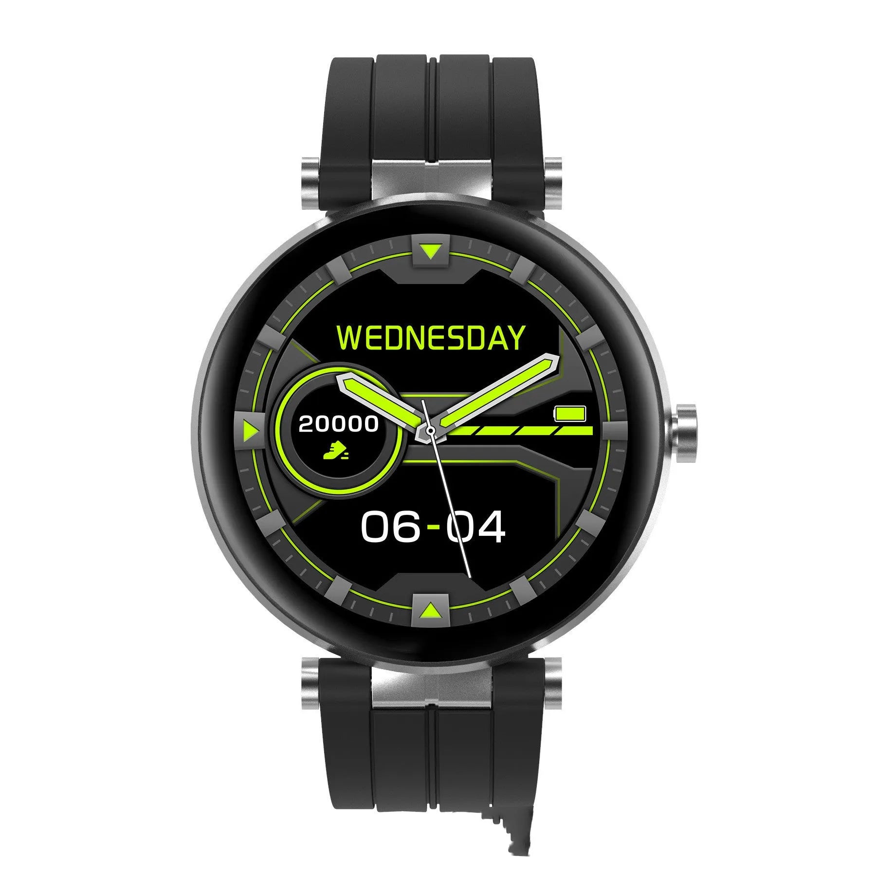 Smart watch with blood pressure monitor on wrist showing heart rate display and black silicone strap