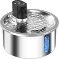 Stainless steel heated pet water fountain with a white base and temperature control settings.