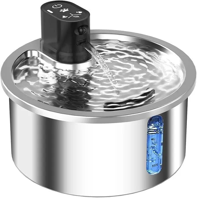 Stainless steel heated water fountain for cats and dogs on a white base.