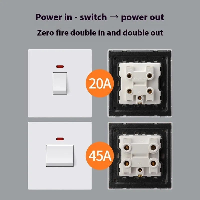Gold coloured high-current double-break wall switch with illuminated light panel.