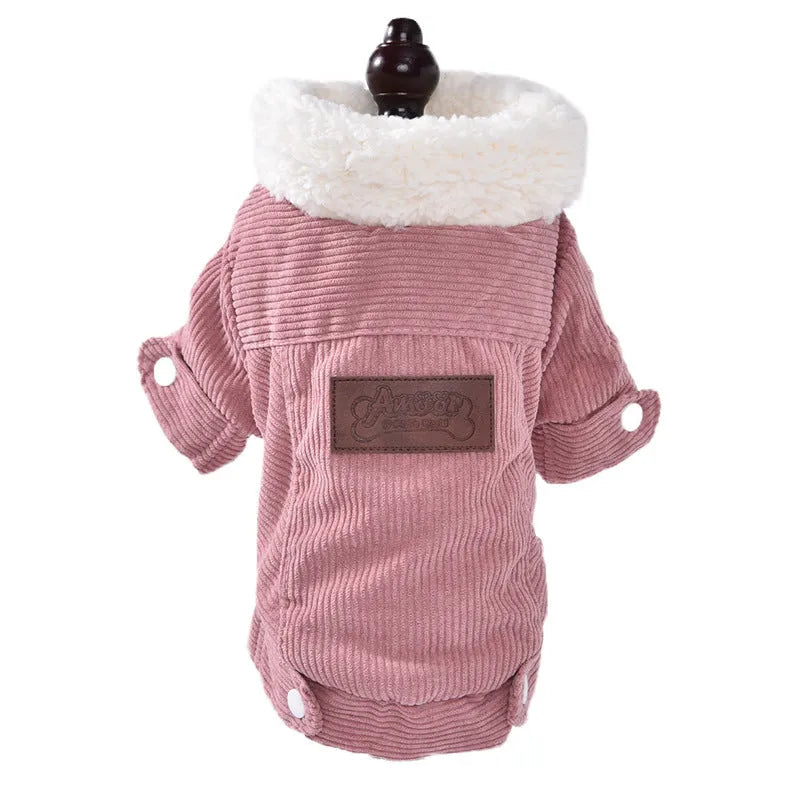 Lambswool grey fleece-lined padded vest for a dog, showing the wool lining and size label.