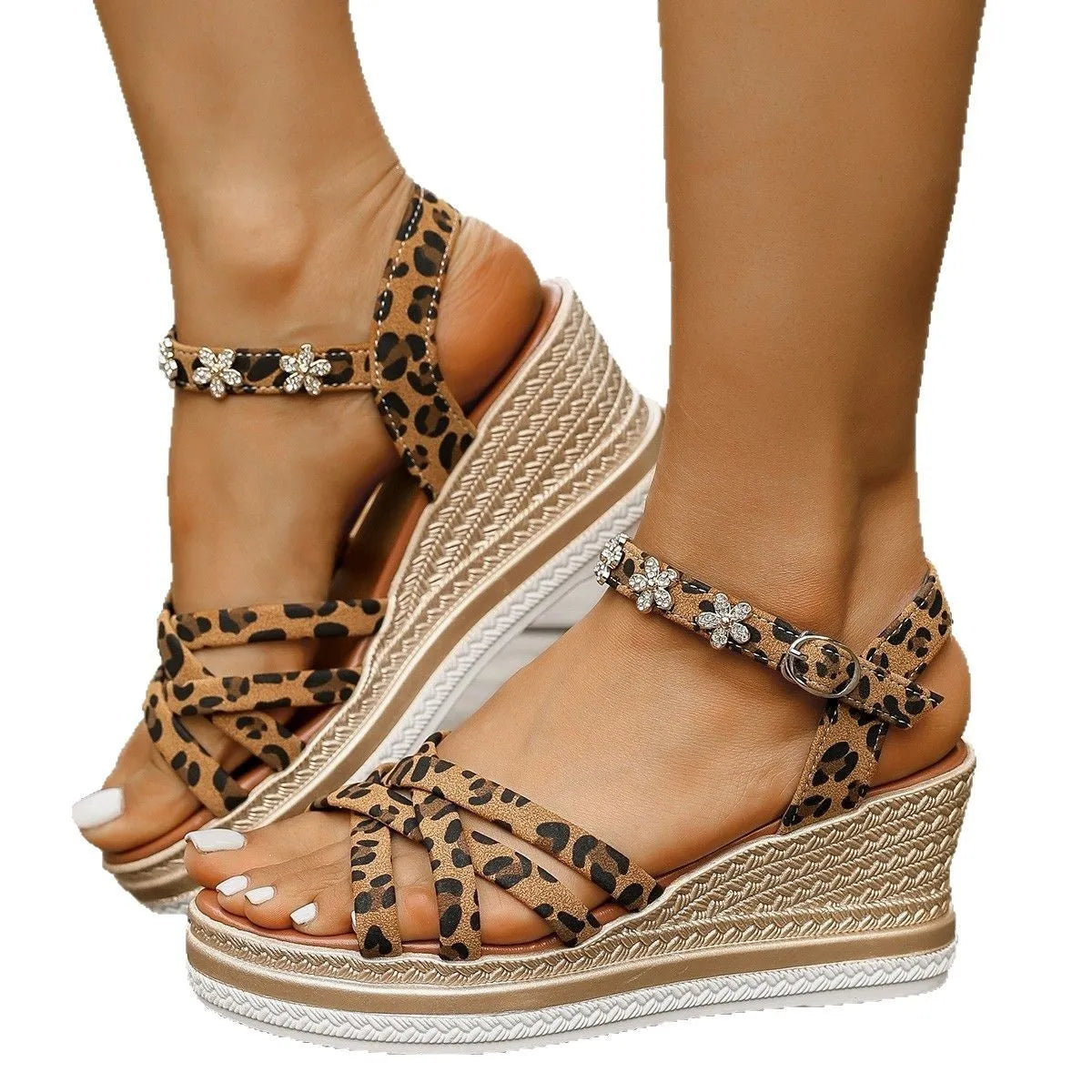 Light brown suede women's platform sandals with ankle buckle and open toe Roman style design