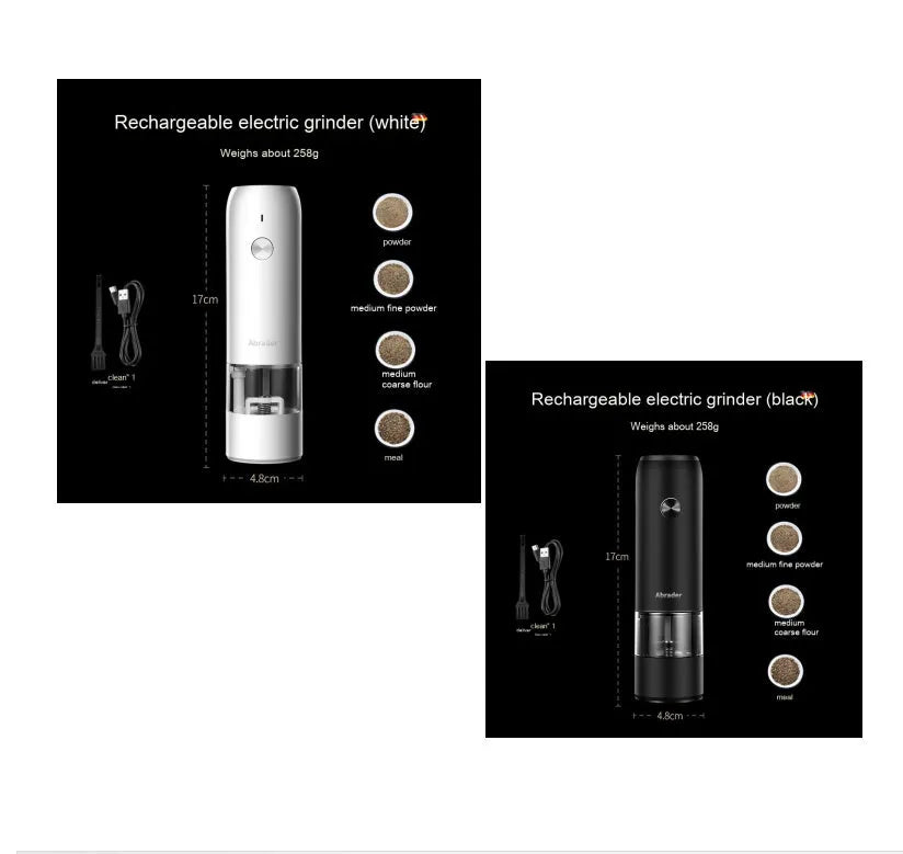 Black and silver electric pepper and salt grinder set with clear acrylic body on a kitchen counter.