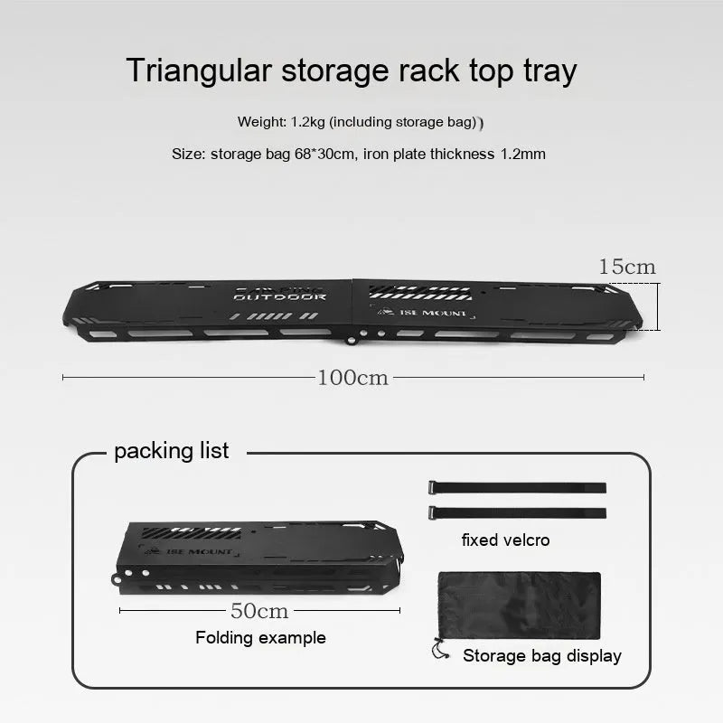 Foldable aluminium triangle camping drying rack with hooks and top tray