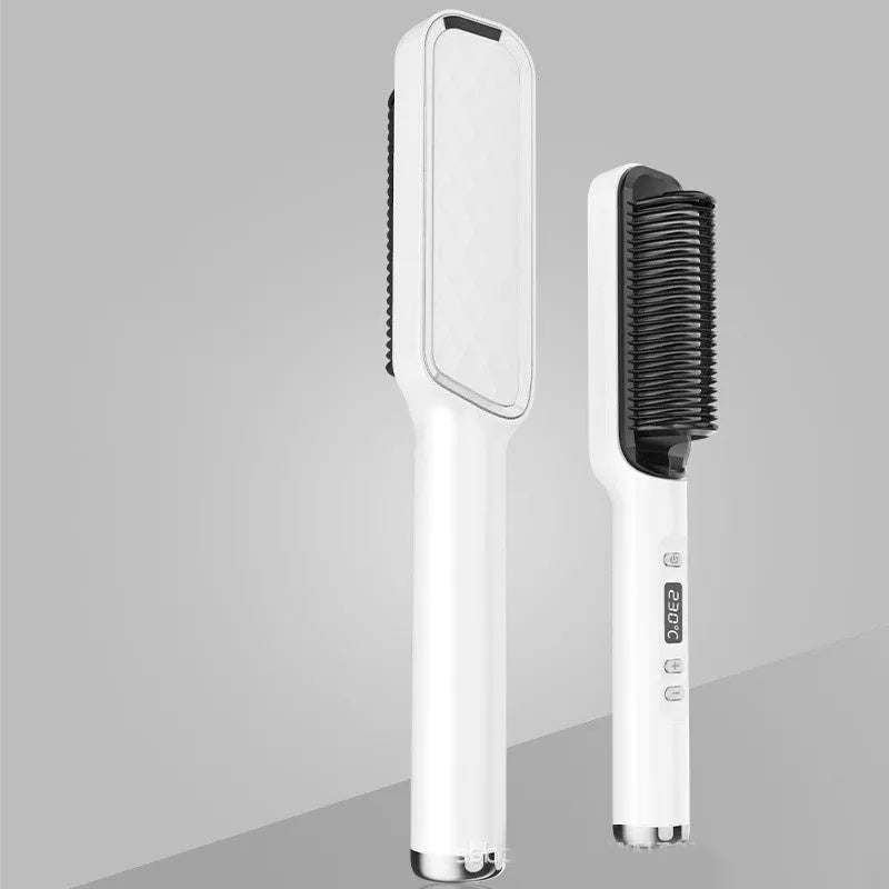Professional hair straightener brush with tourmaline ceramic heat conductor, 16 gears, and anti-scalding design in gold and white.