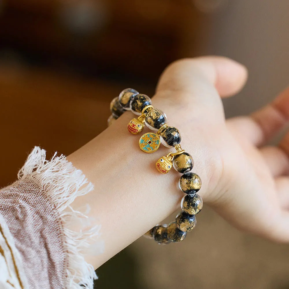 Handmade coloured glaze bracelet with gold foil swallowing gold beast pattern in seven colour options