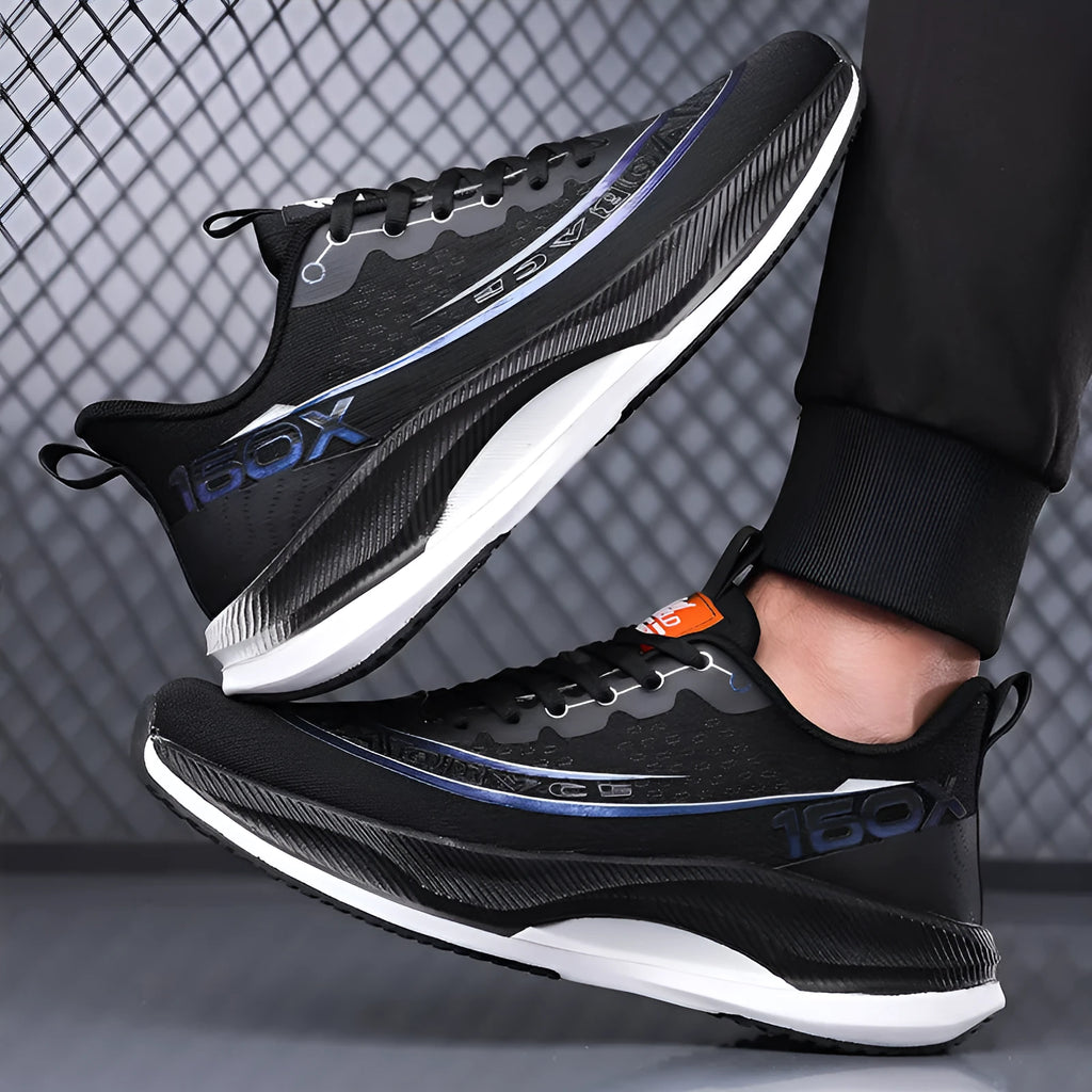 Breathable soft-soled mesh surface running shoes for men in black, low-top lace-up design with EVA sole