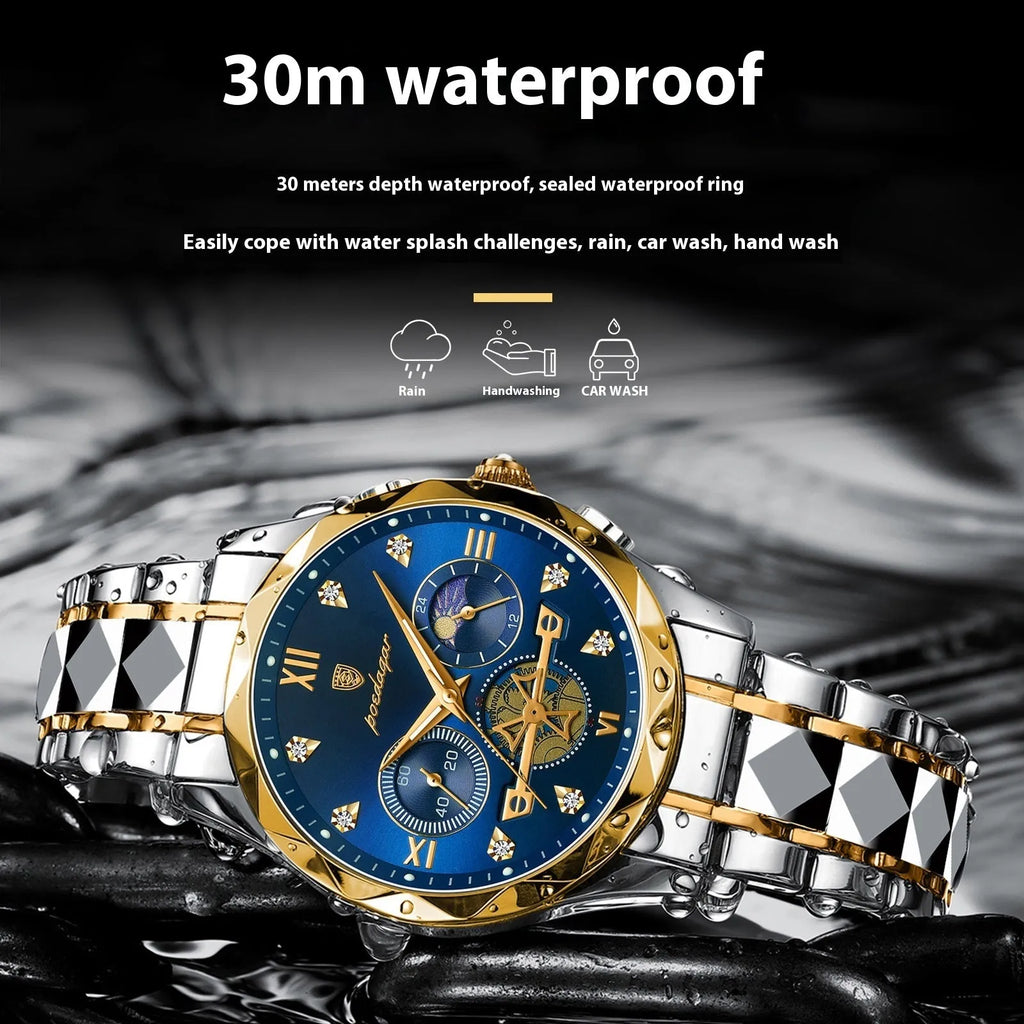 Men's waterproof multi-functional leisure watch with metal strap, 41mm dial, and mineral glass mirror in silver tone