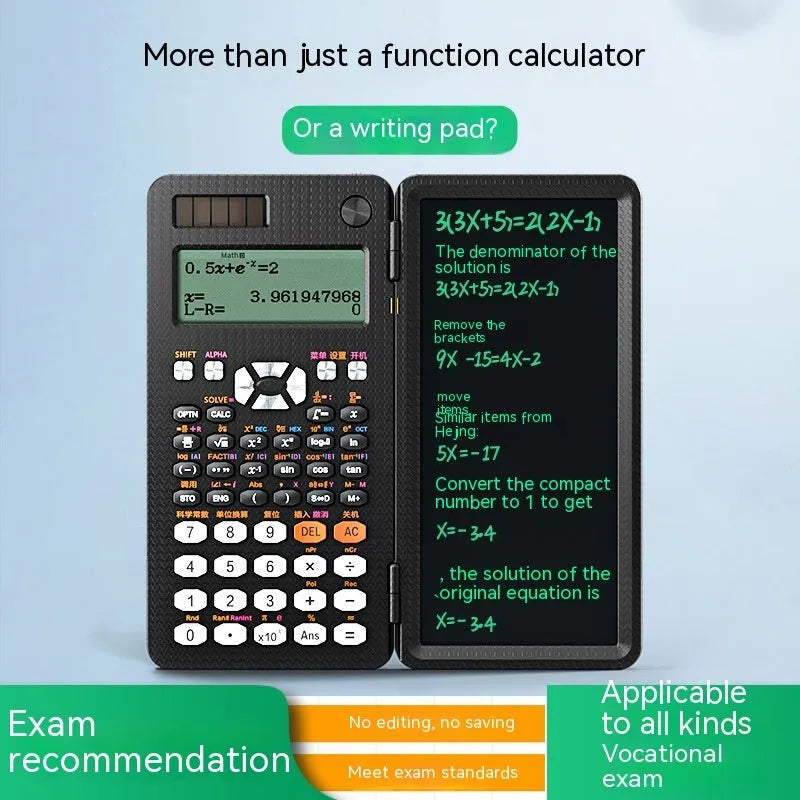 2-in-1 foldable scientific calculator with handwriting tablet in black ABS, showing LCD notepad and calculator keys