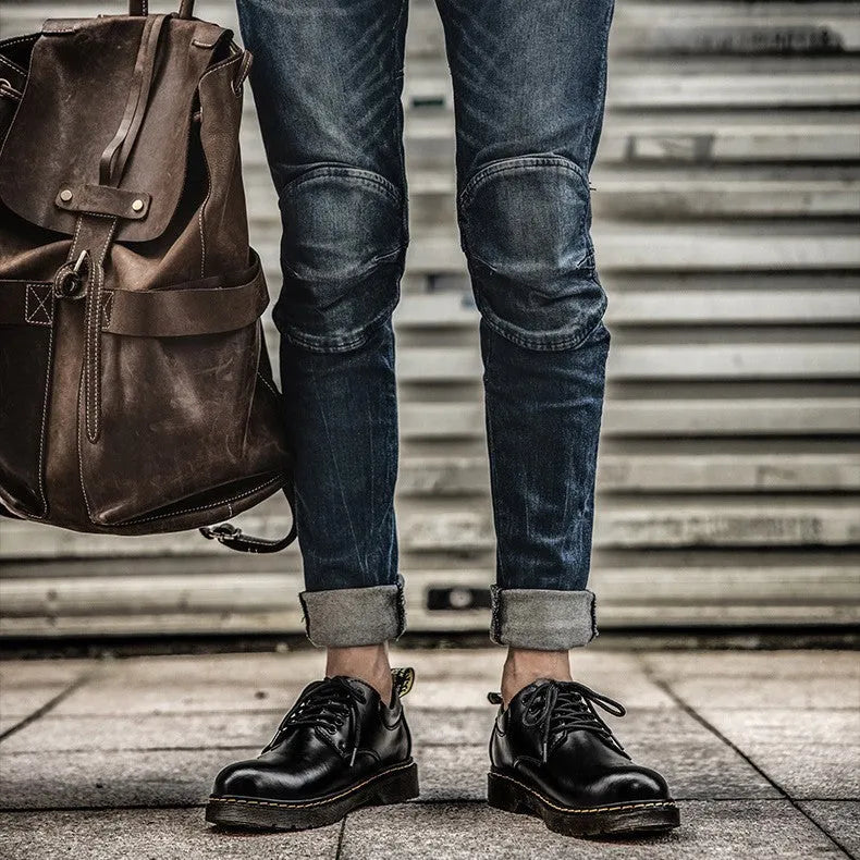 Low top Martin style leather shoes in black, front lace-up, round toe, flat heel, sizes 38-48