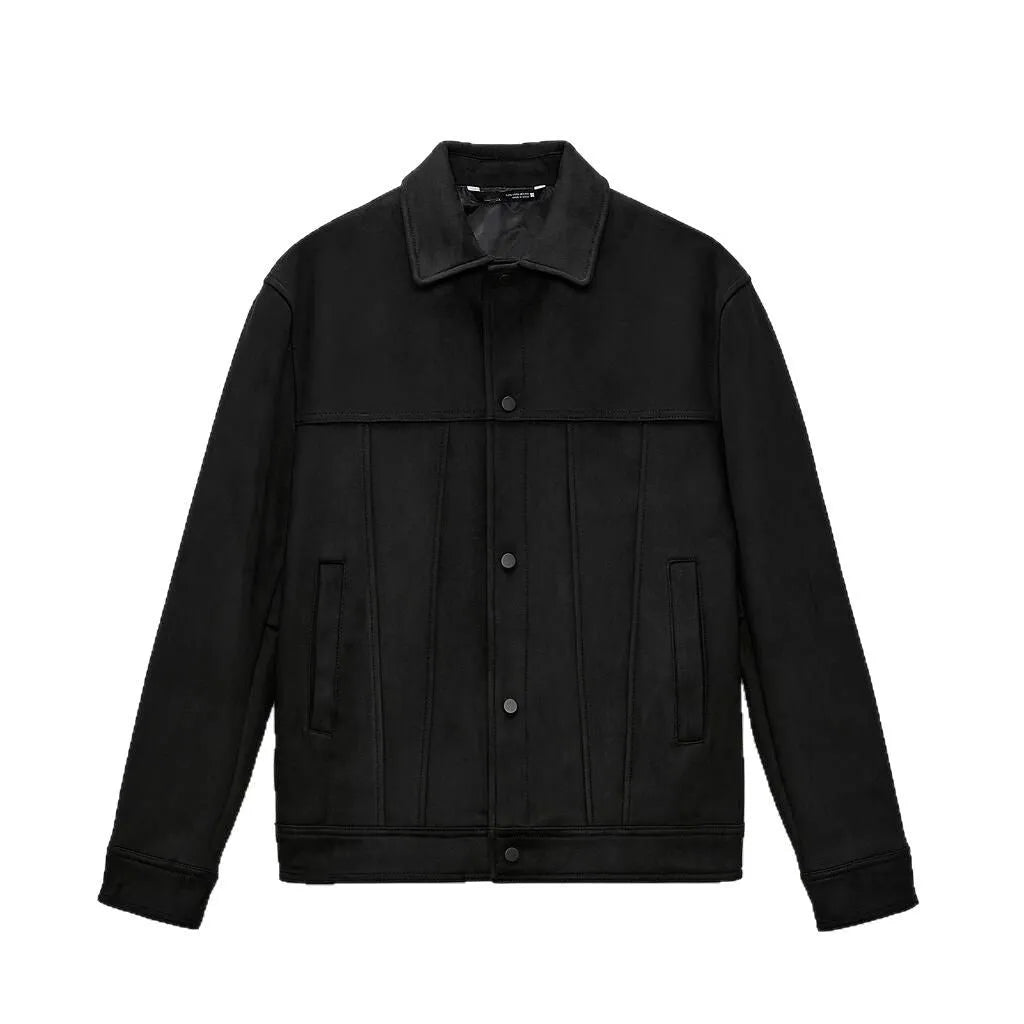 Men's black hooded casual jacket with suede collar and side seam pockets